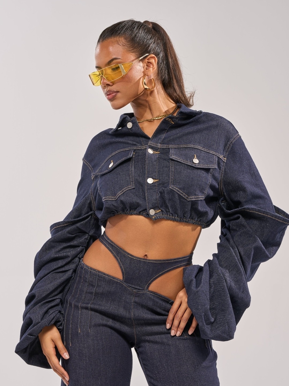 AKIRA Dark Blue Cropped Denim Button-Down with Balloon Sleeves - Picture 2 of 2